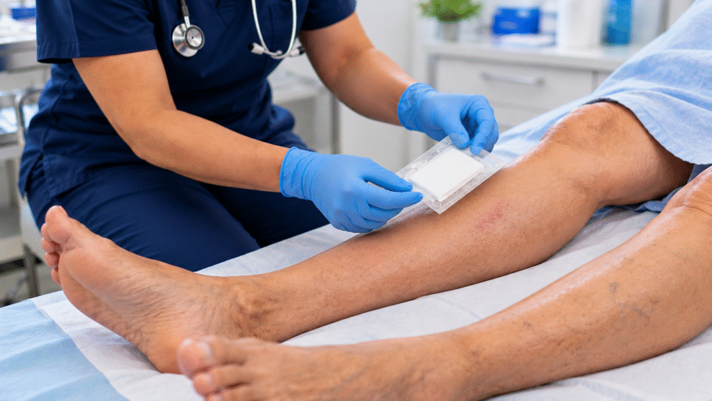 Healthcare professional preparing a sterile gauze dressing during a wound care visit.